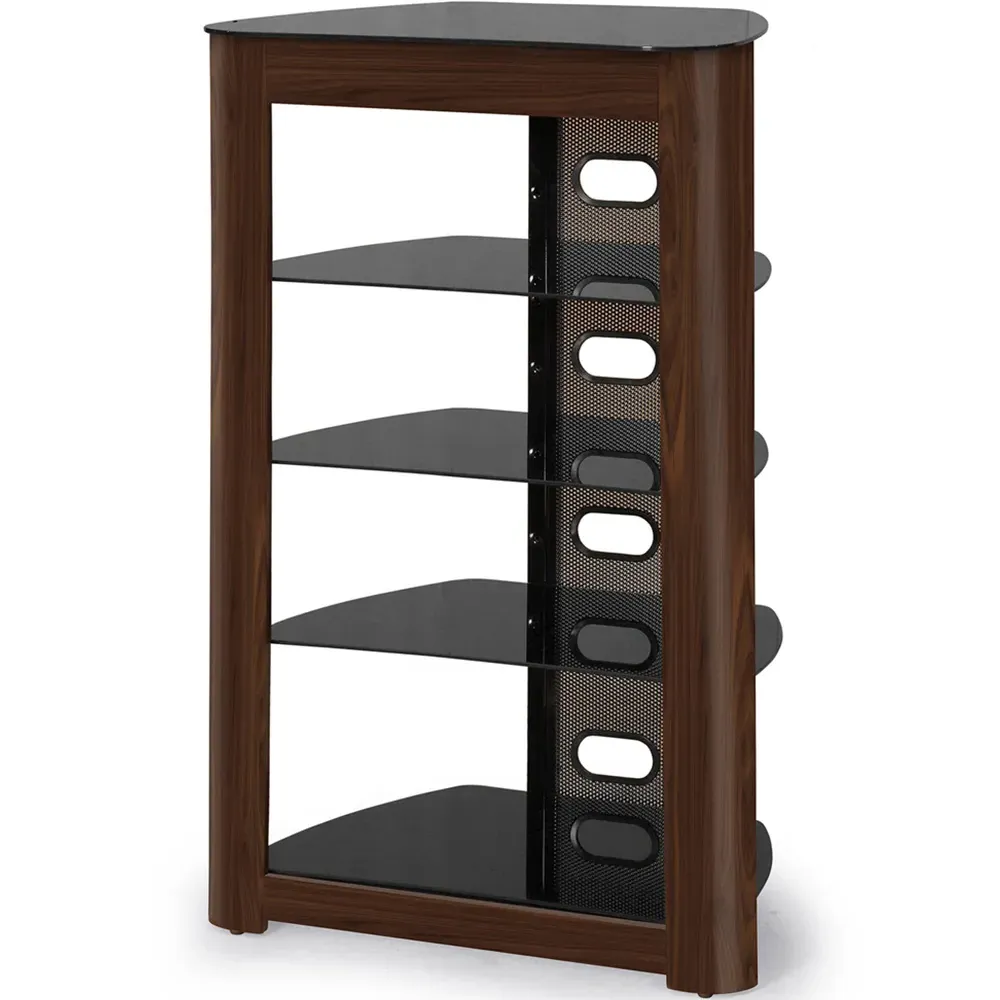Zinnia 5 Shelf TV Stand - Black Glass, Walnut
