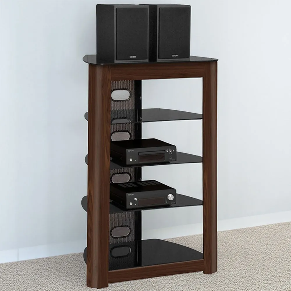 Zinnia 5 Shelf TV Stand - Black Glass, Walnut