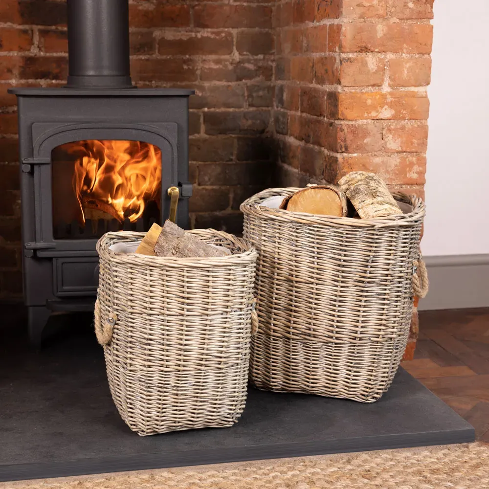 Snug Log Basket with Fabric Liner Set of 2 - Natural, Wicker
