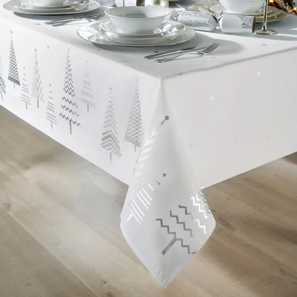 Christmas Tree Tablecloth - White, Silver