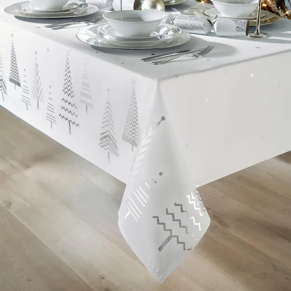 Christmas Tree Tablecloth - White, Silver Foil