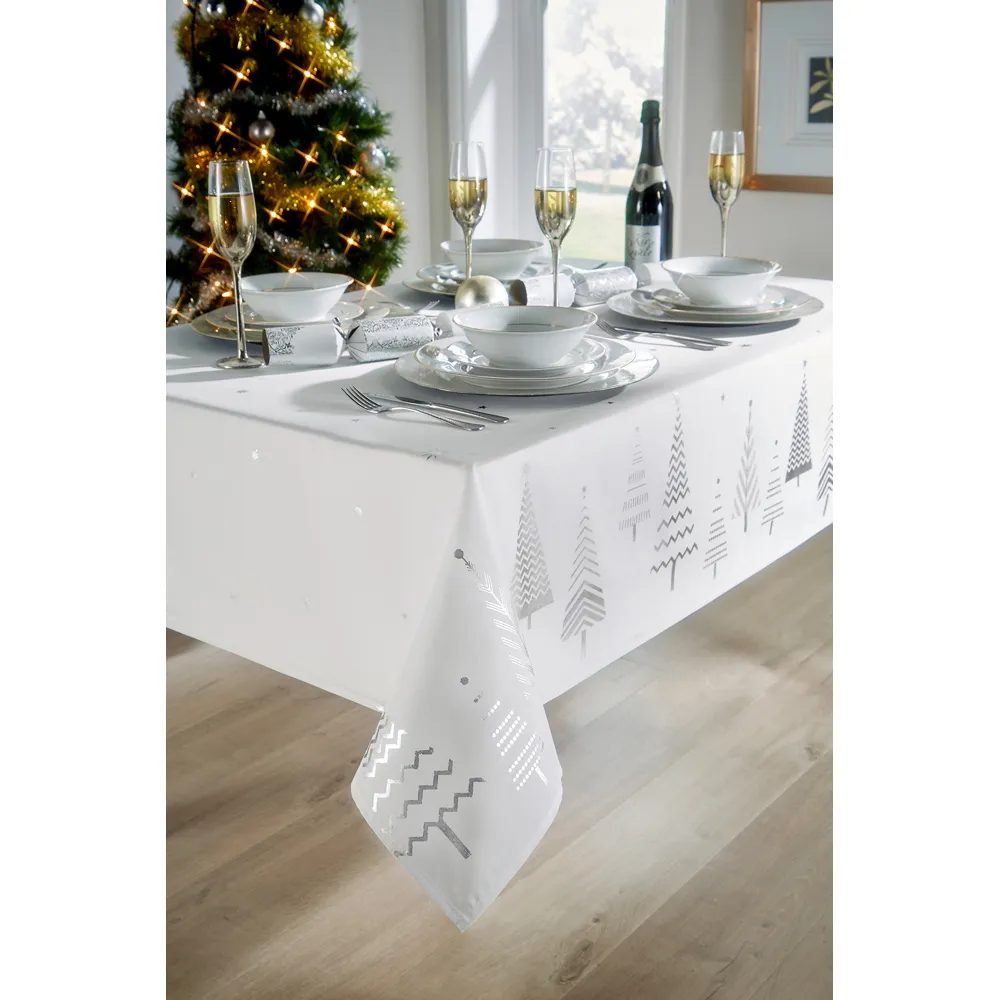 Christmas Tree Tablecloth - White, Silver Foil