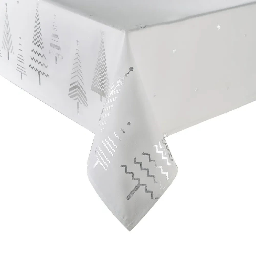 Christmas Tree Tablecloth - White, Silver Foil image