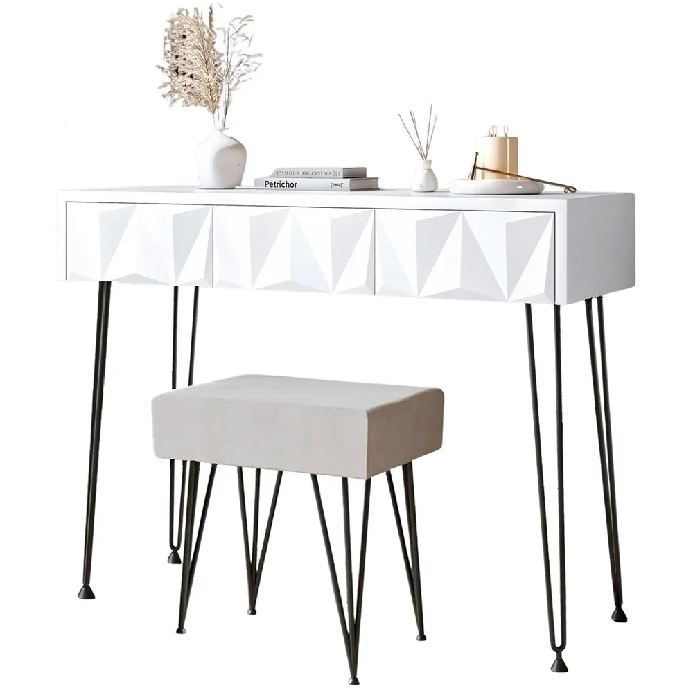 CARME Home Dressing Table with Velvet Stool - White, Black