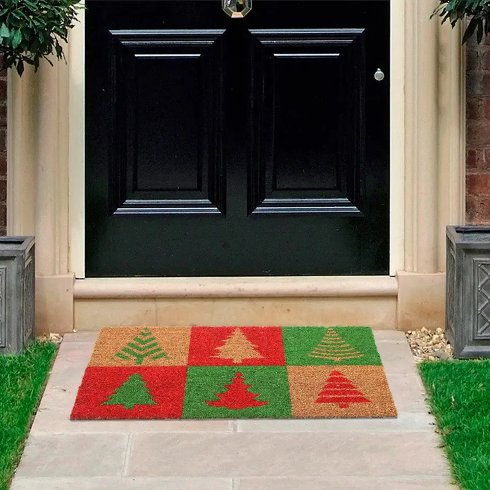 Christmas Tree Coir Door Mat - Red, Natural