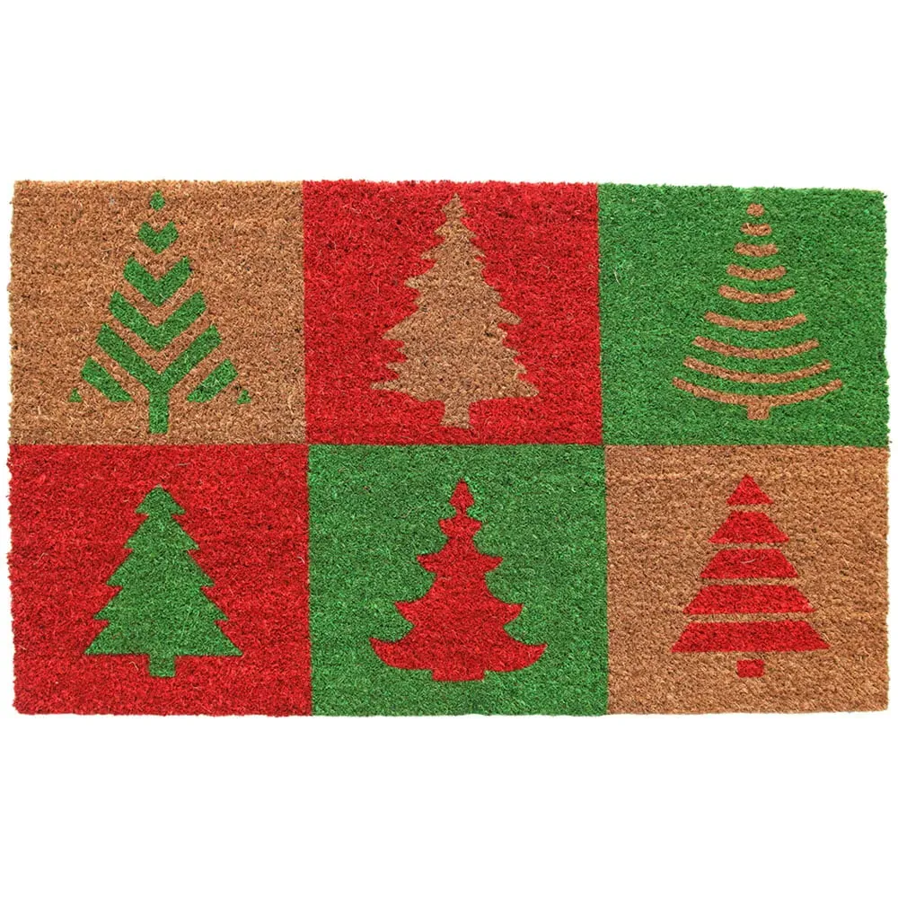 Christmas Tree Coir Door Mat - Red, Natural