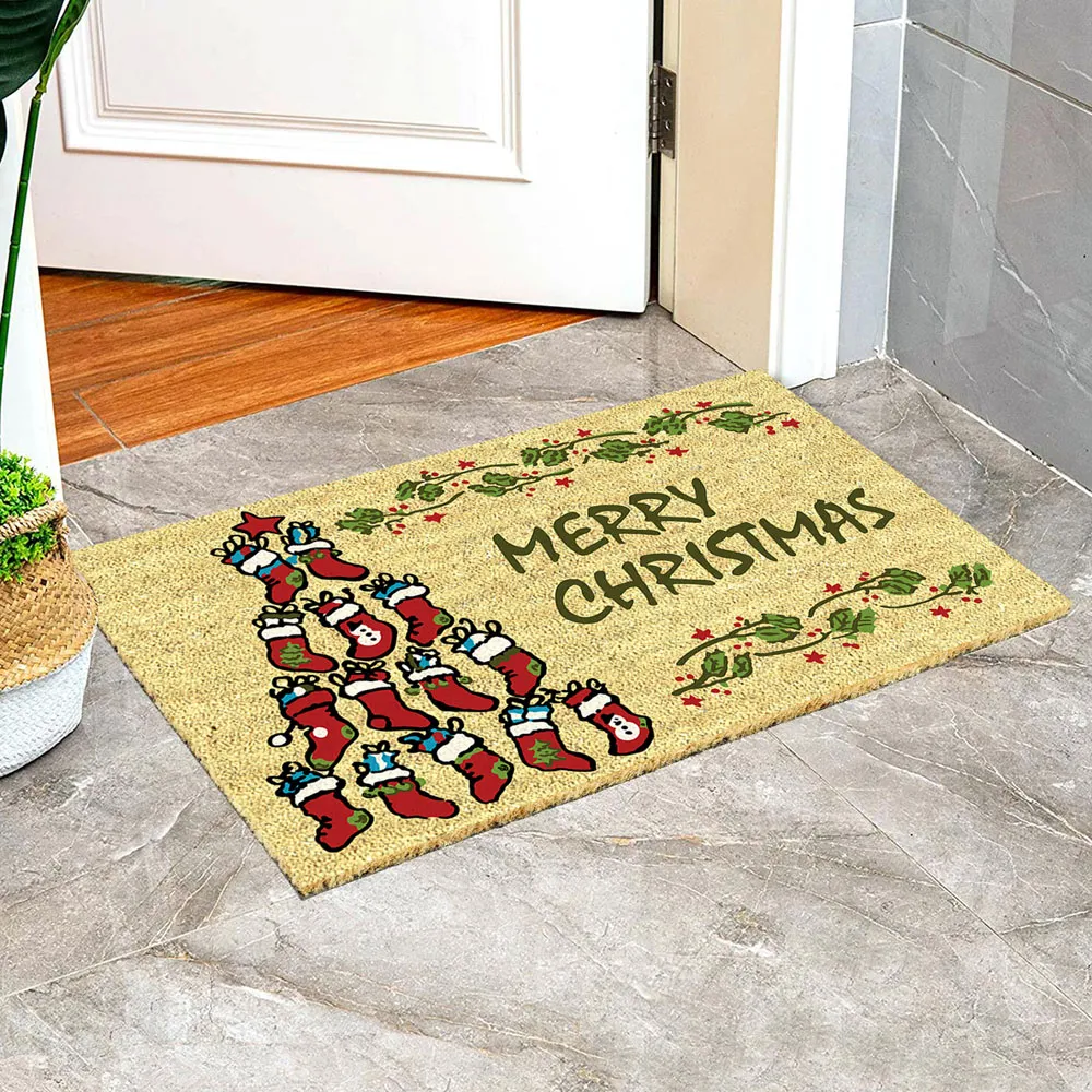 Socks Xmas Coir Door Mat - Natural