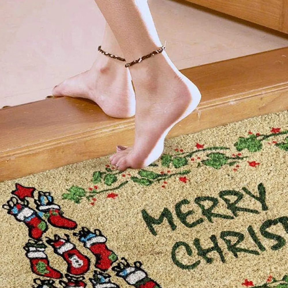 Socks Xmas Coir Door Mat - Natural