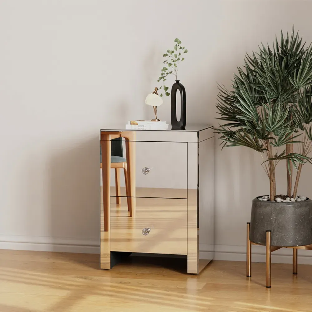2 Drawer Bedside Table with Crystal Handles - Silver, Mirrored