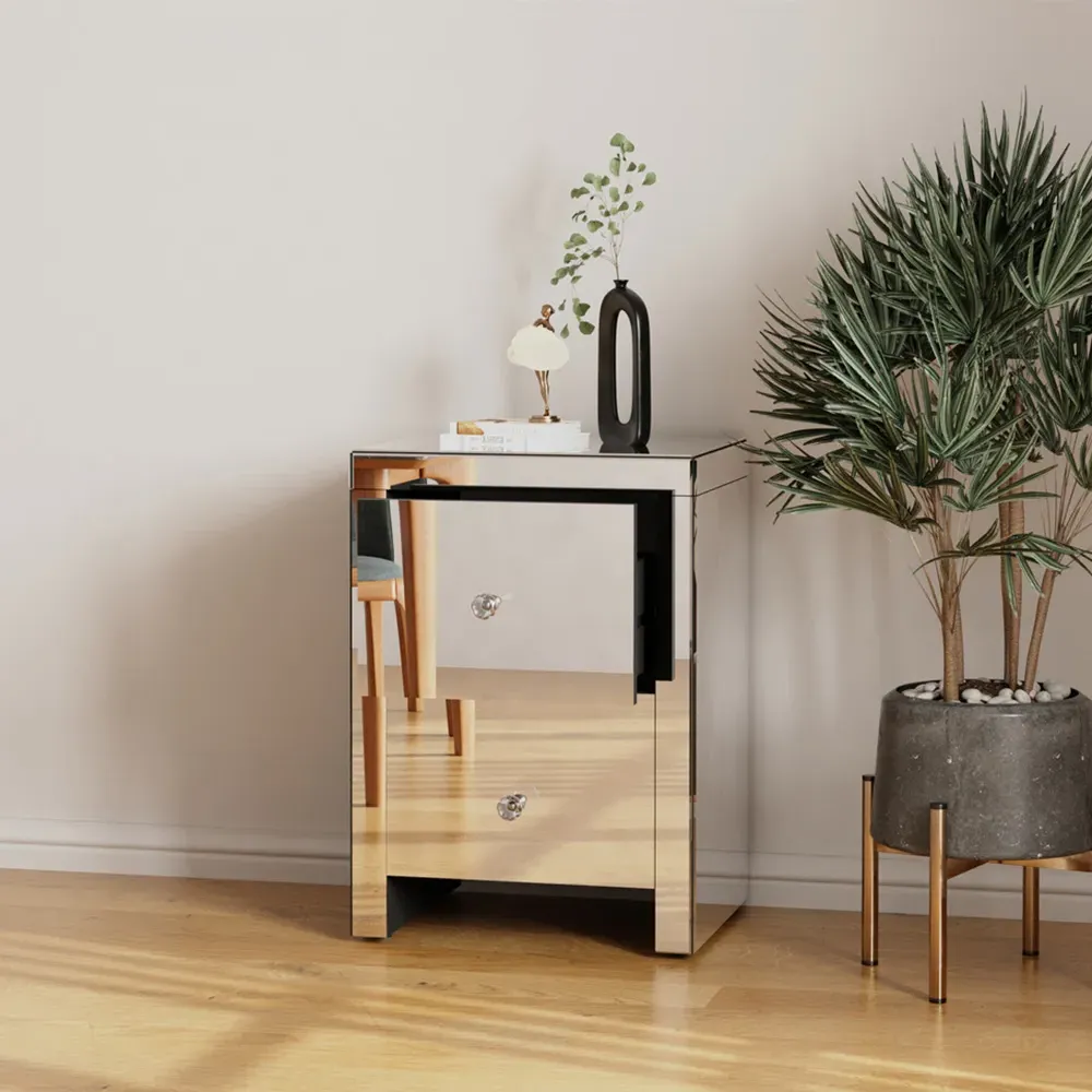 2 Drawer Bedside Table with Crystal Handles - Silver, Mirrored