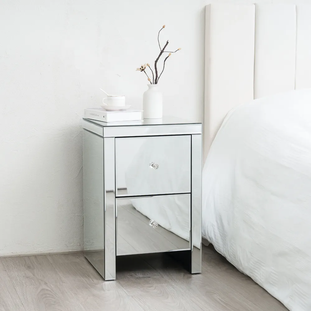 2 Drawer Bedside Table with Crystal Handles - Silver, Mirrored