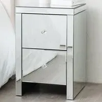 2 Drawer Bedside Table with Crystal Handles - Silver, Mirrored