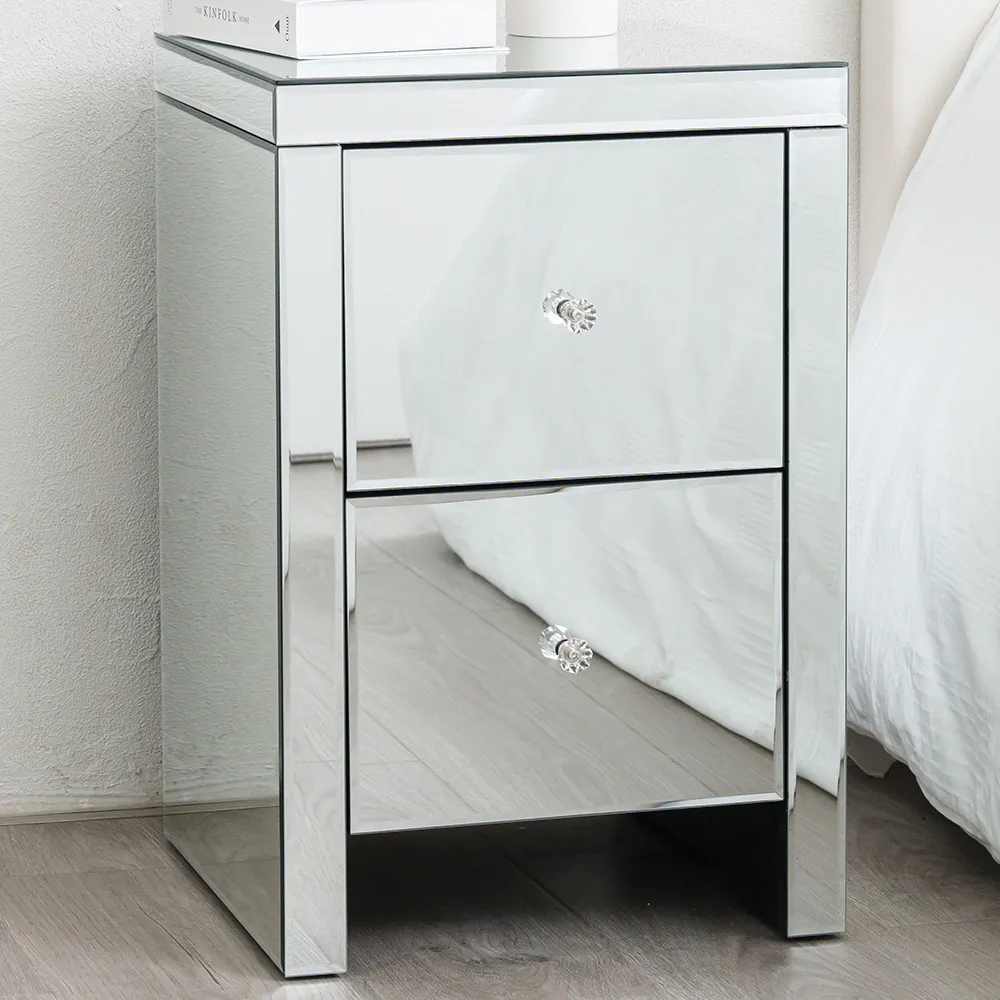 2 Drawer Bedside Table with Crystal Handles - Silver, Mirrored