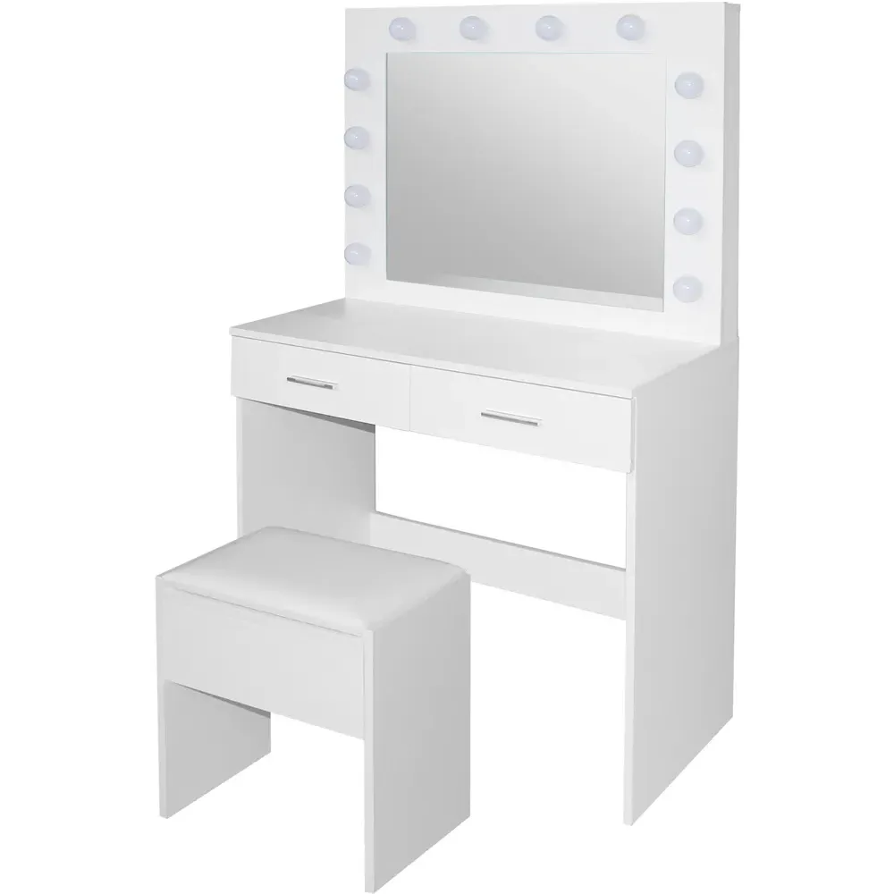 2 Drawer Dressing Table Set with LED Mirror and Stool - White