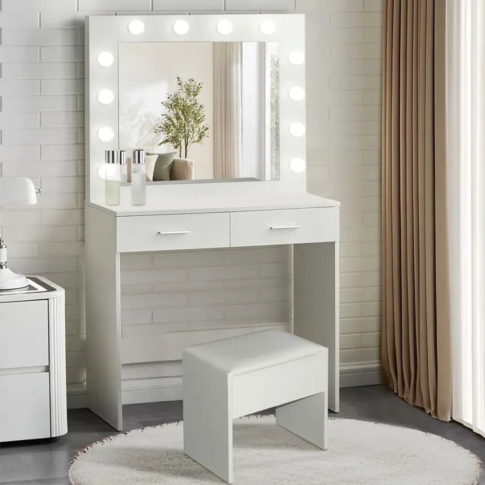 2 Drawer Dressing Table Set with LED Mirror and Stool - White