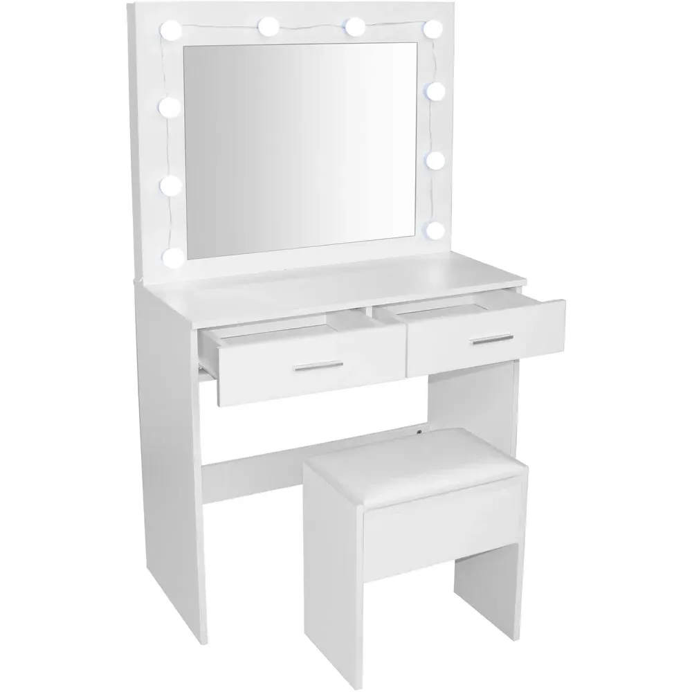 2 Drawer Dressing Table Set with LED Mirror - White