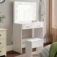 2 Drawer Dressing Table Set with LED Mirror - White