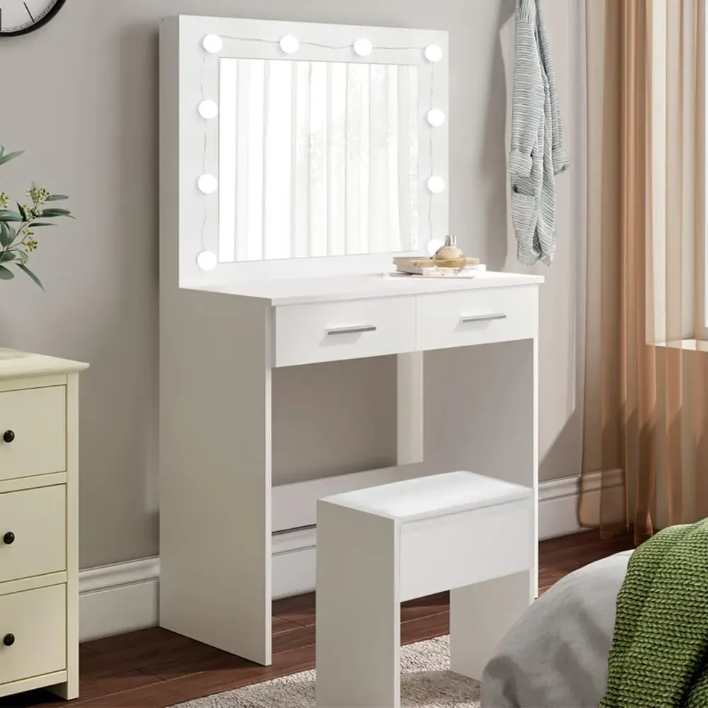 2 Drawer Dressing Table Set with LED Mirror - White image