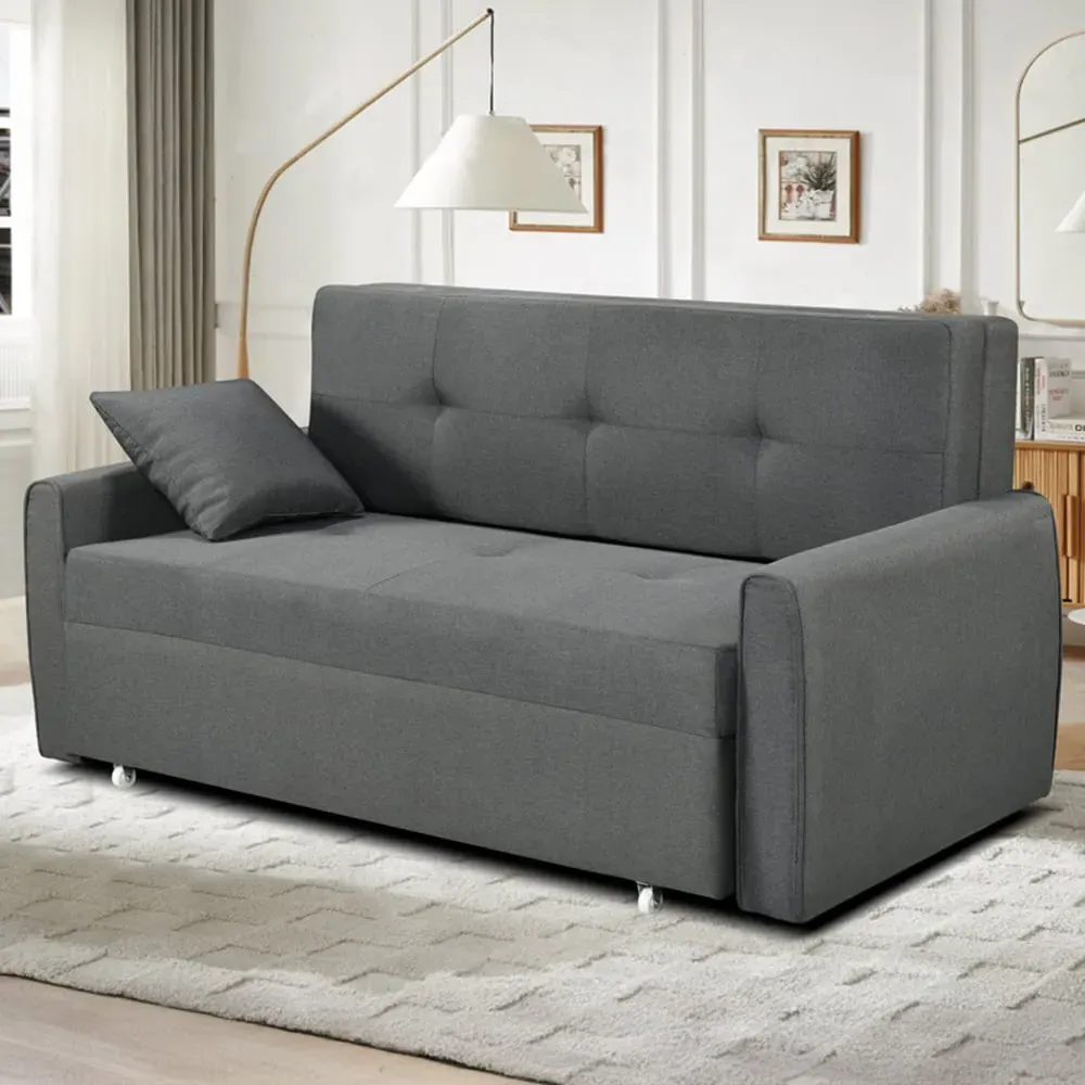 2-Seater Pull Out Sofa Bed - Grey, Linen