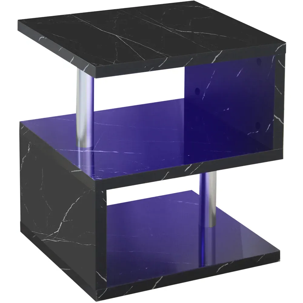 2 Shelf S-Shaped LED Side Table - Black Marble Effect