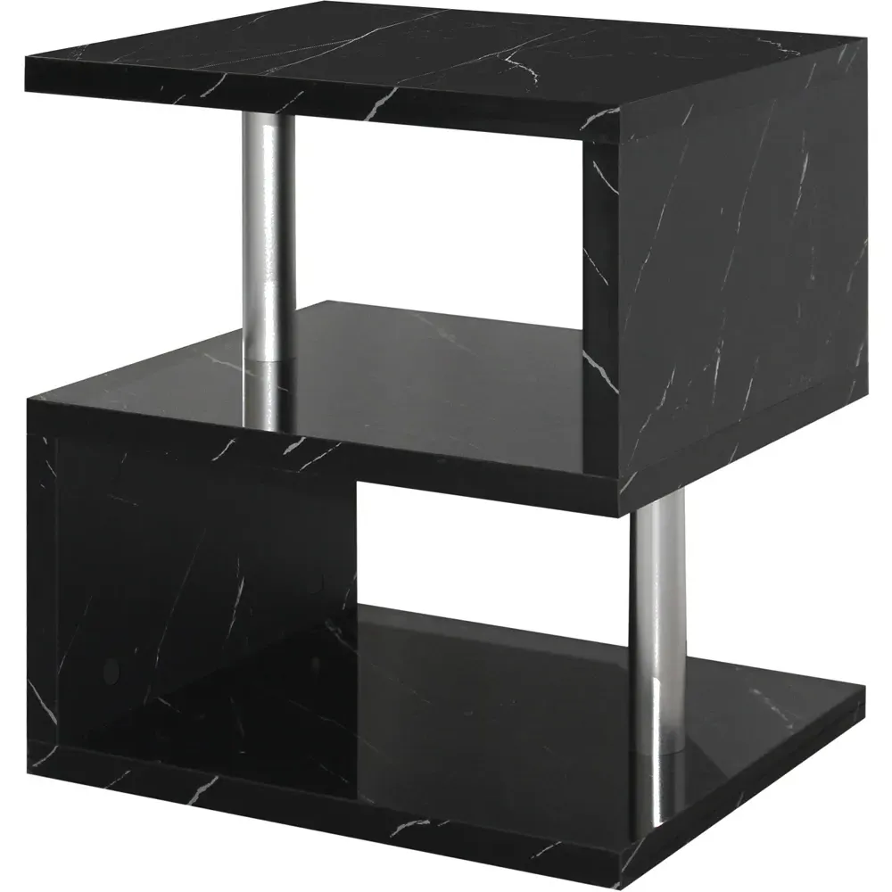 2 Shelf S-Shaped LED Side Table - Black Marble Effect