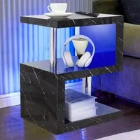 2 Shelf S-Shaped LED Side Table - Black Marble Effect
