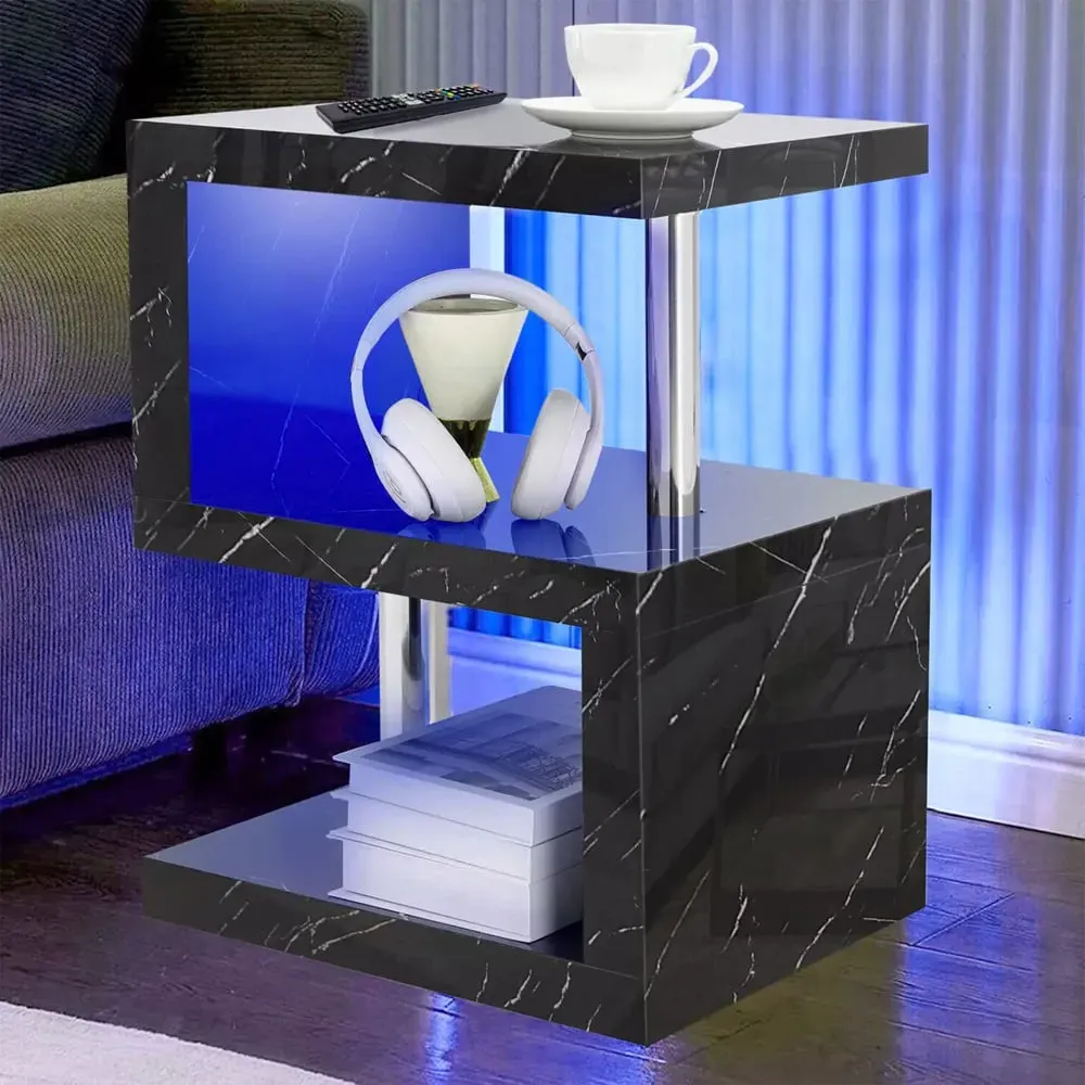 2 Shelf S-Shaped LED Side Table - Black Marble Effect