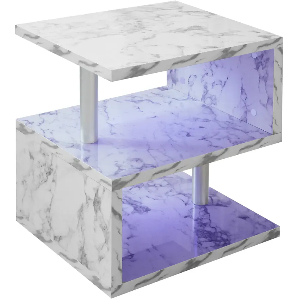 2 Shelf S-Shaped LED Side Table - White Marble Effect