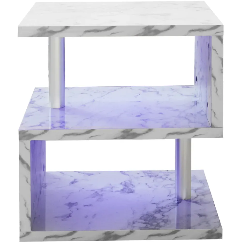 2 Shelf S-Shaped LED Side Table - White Marble Effect