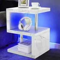 2 Shelf S-Shaped LED Side Table - White Marble Effect
