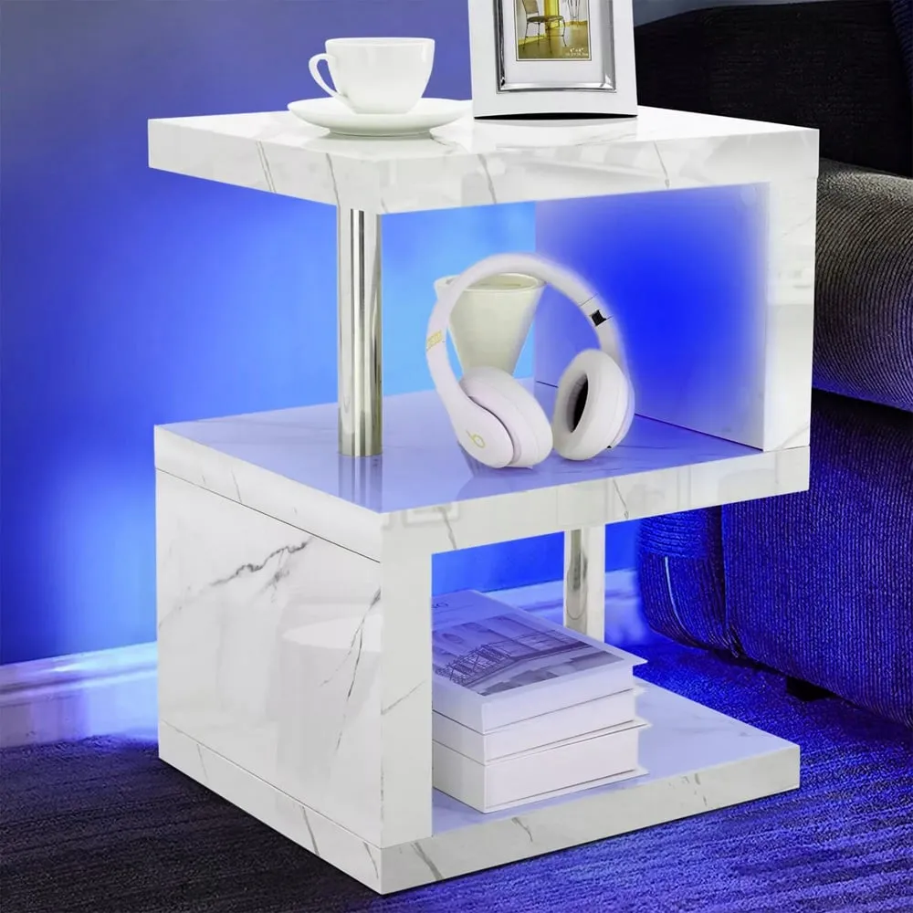 2 Shelf S-Shaped LED Side Table - White Marble Effect