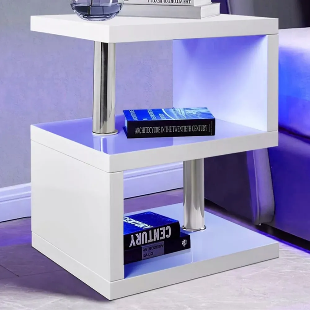 2 Shelf S-Shaped LED Side Table - White