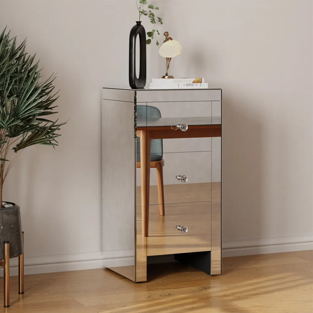 3 Drawer Bedside Table with Crystal Handles - Silver, Mirrored