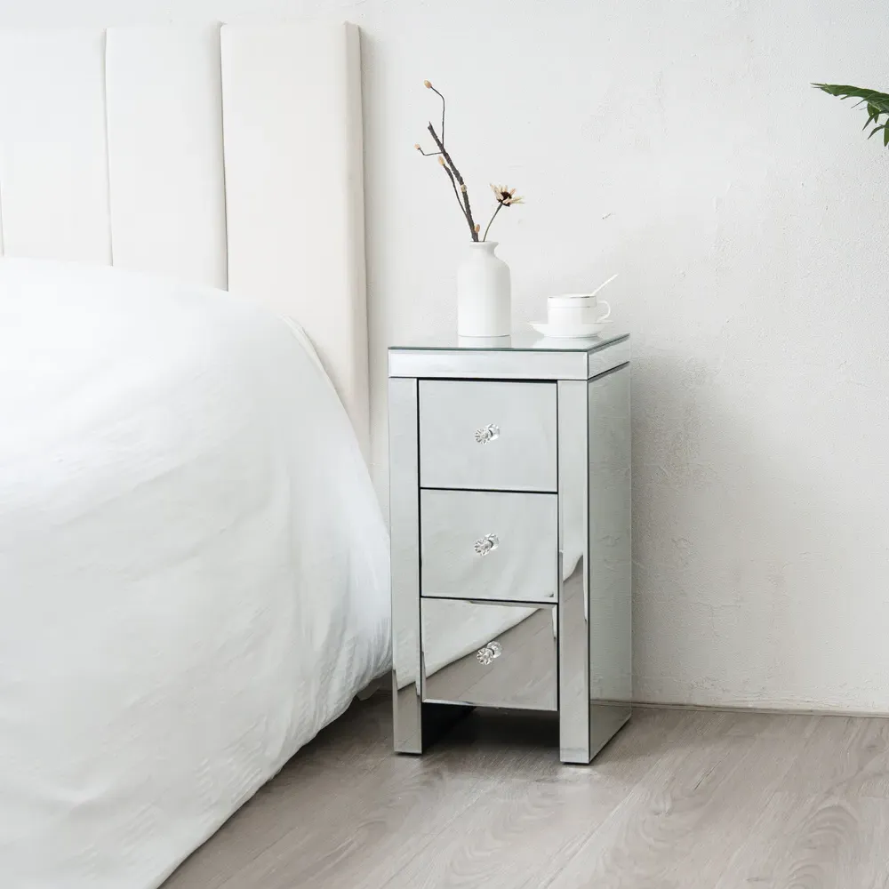 3 Drawer Bedside Table with Crystal Handles - Silver, Mirrored
