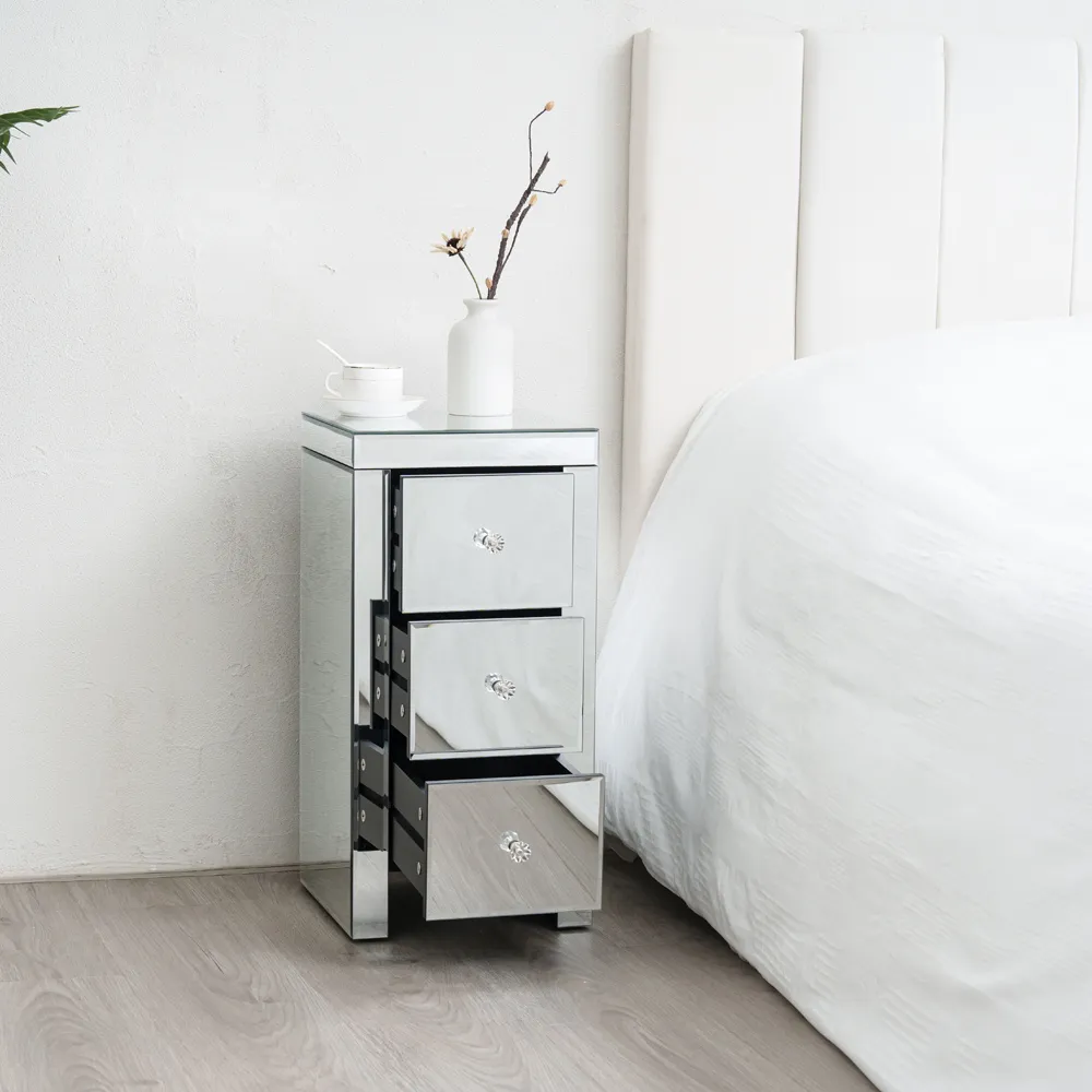 3 Drawer Bedside Table with Crystal Handles - Silver, Mirrored
