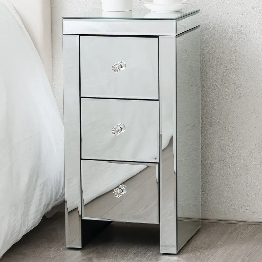 3 Drawer Bedside Table with Crystal Handles - Silver, Mirrored image
