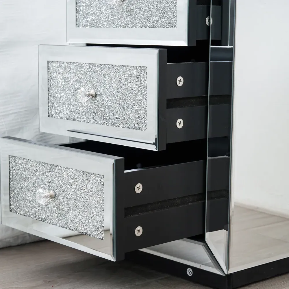 3 Drawer Diamond Crystal Bedside Table - Silver, Mirrored