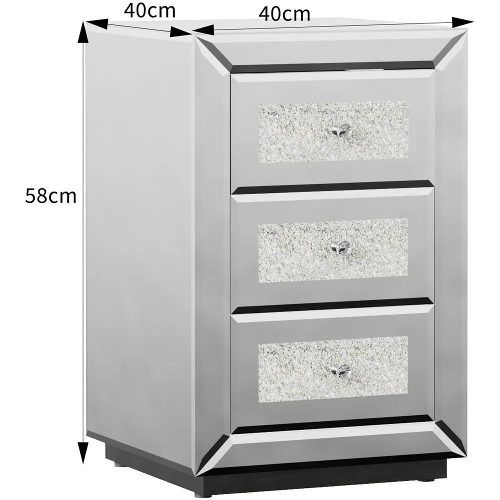 3 Drawer Diamond Crystal Bedside Table - Silver, Mirrored