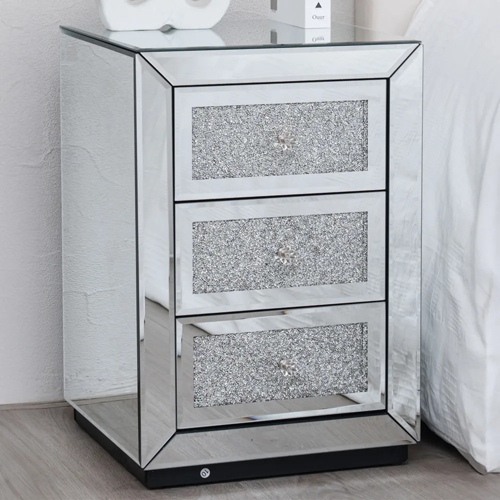 3 Drawer Diamond Crystal Bedside Table - Silver, Mirrored