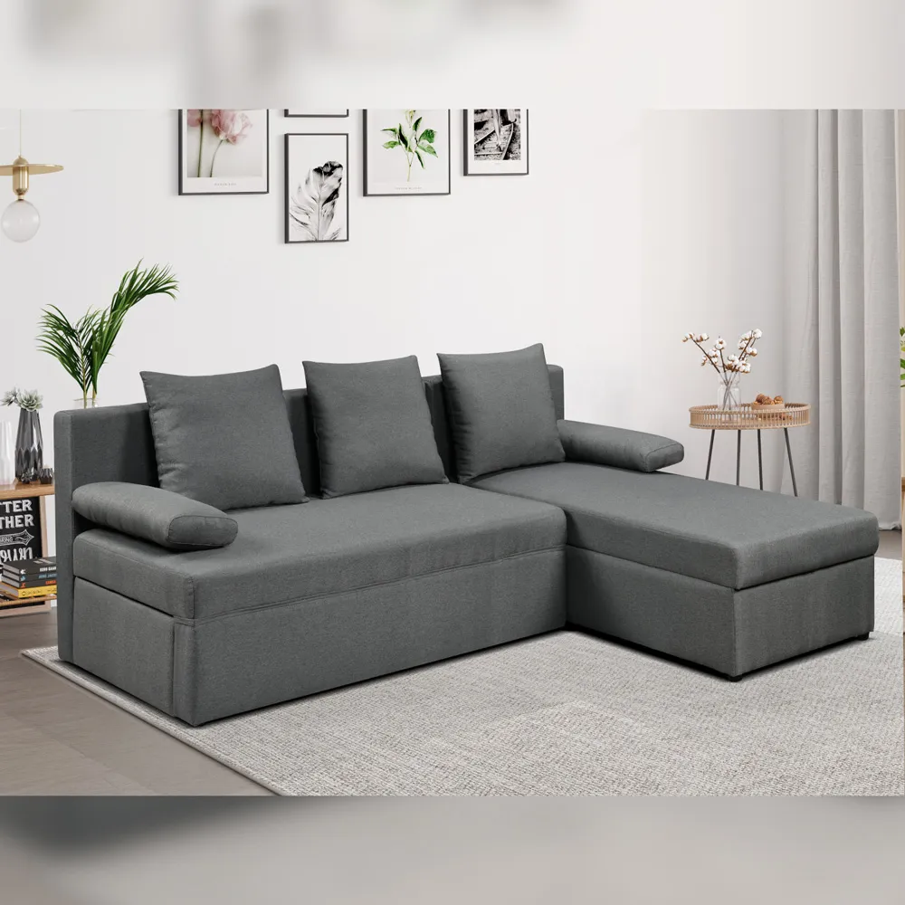 3-Seater L-Shaped Corner Sofa Bed with Storage - Grey, Linen