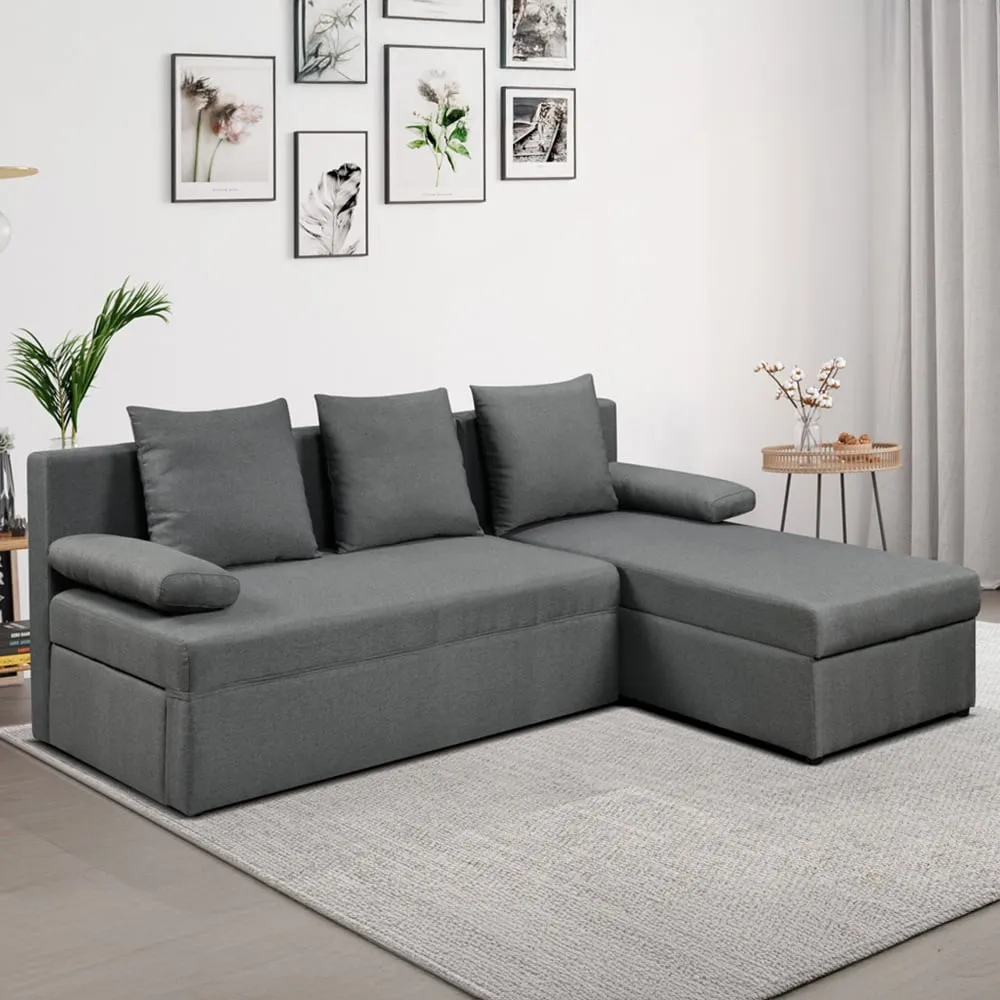 3-Seater L-Shaped Corner Sofa Bed with Storage - Grey, Linen image