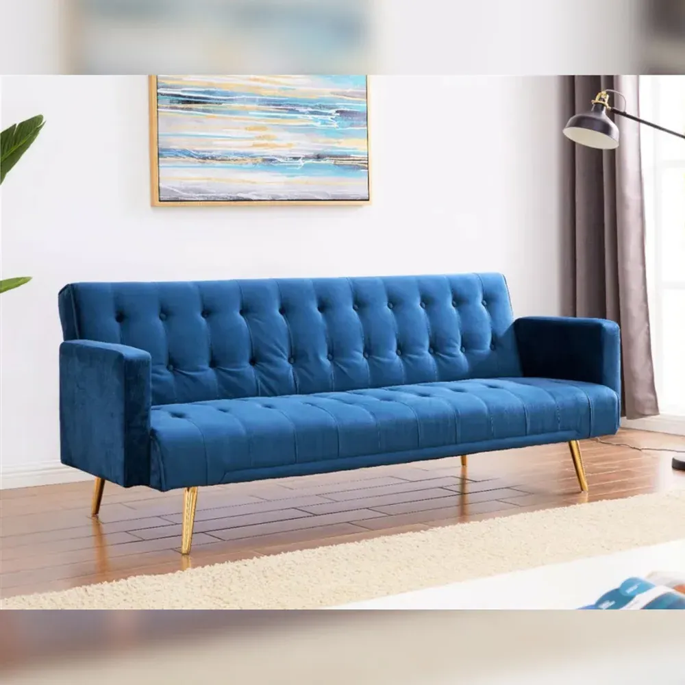 3-Seater Sofa Bed with Tufted Design - Blue, Velvet