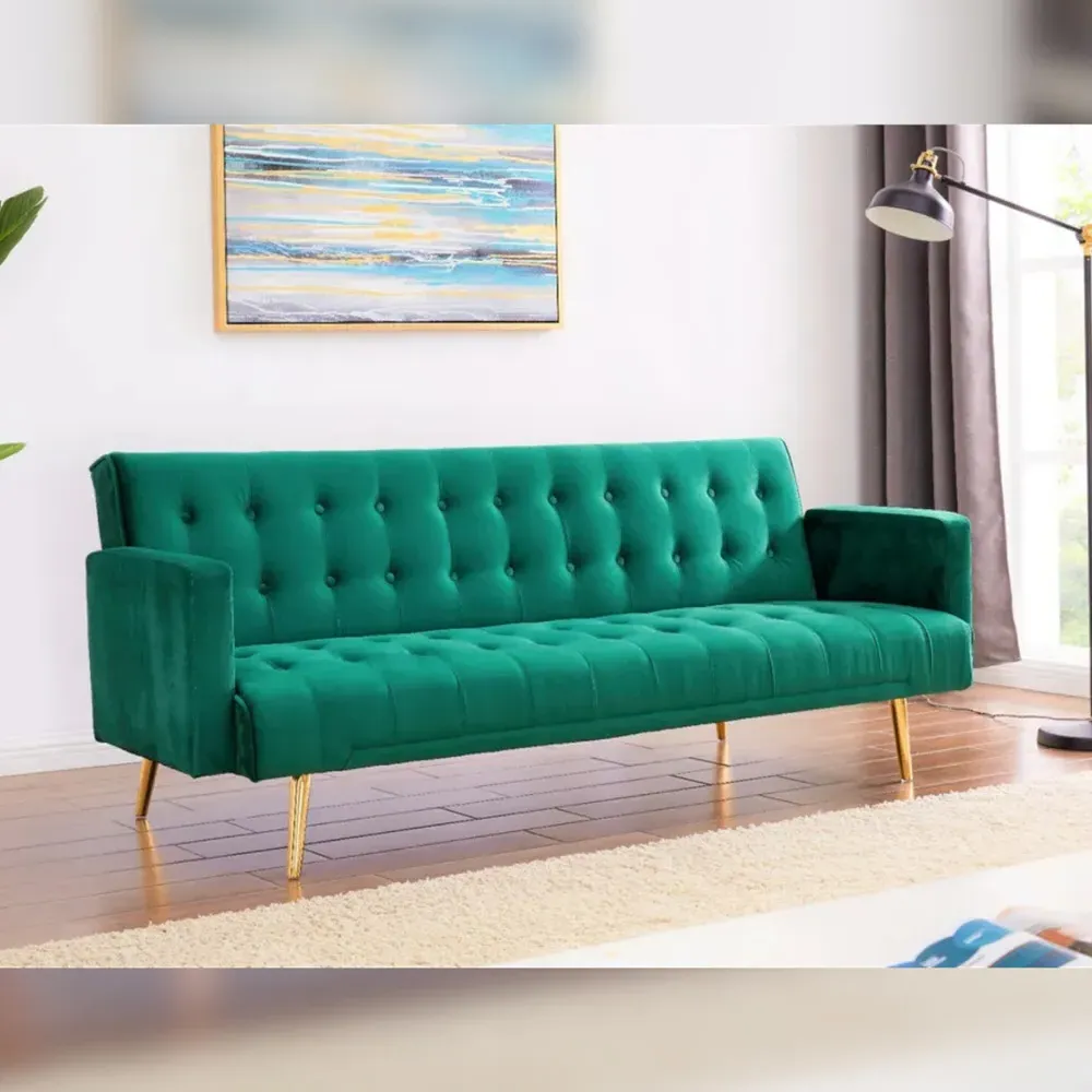 3-Seater Sofa Bed with Tufted Design - Green, Velvet