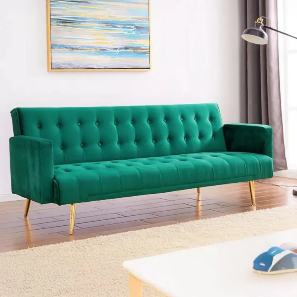 3-Seater Sofa Bed with Tufted Design - Green, Velvet
