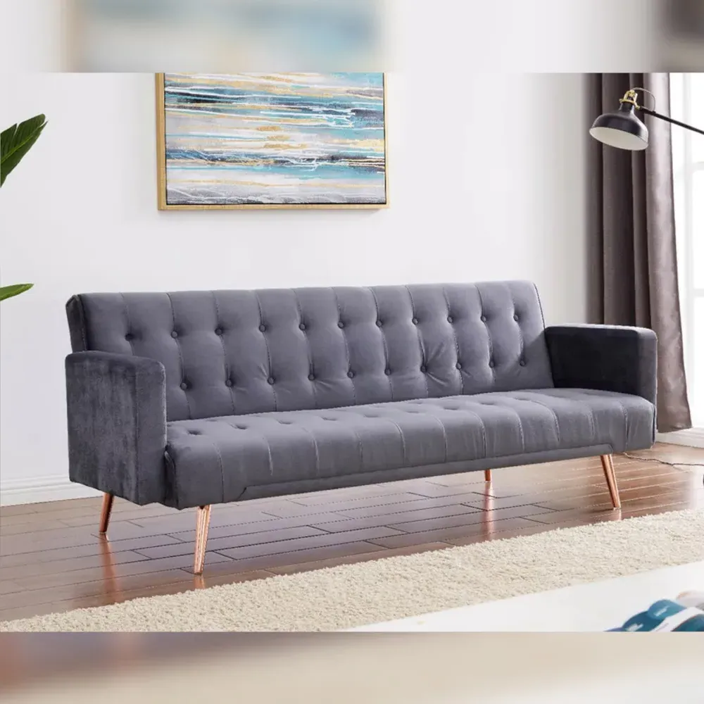 3-Seater Sofa Bed with Tufted Design - Grey, Velvet