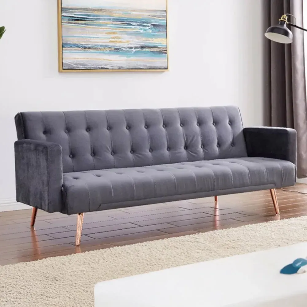 3-Seater Sofa Bed with Tufted Design - Grey, Velvet