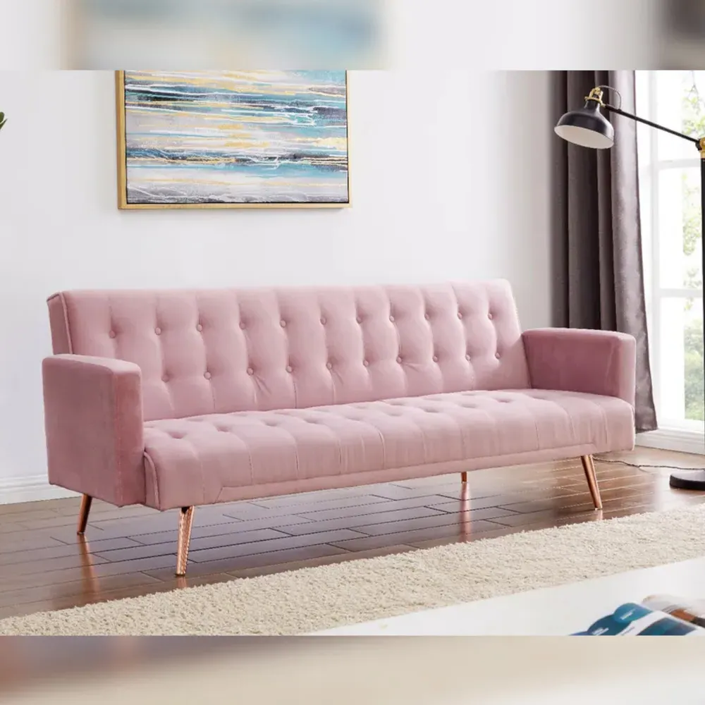 3-Seater Sofa Bed with Tufted Design - Pink, Velvet