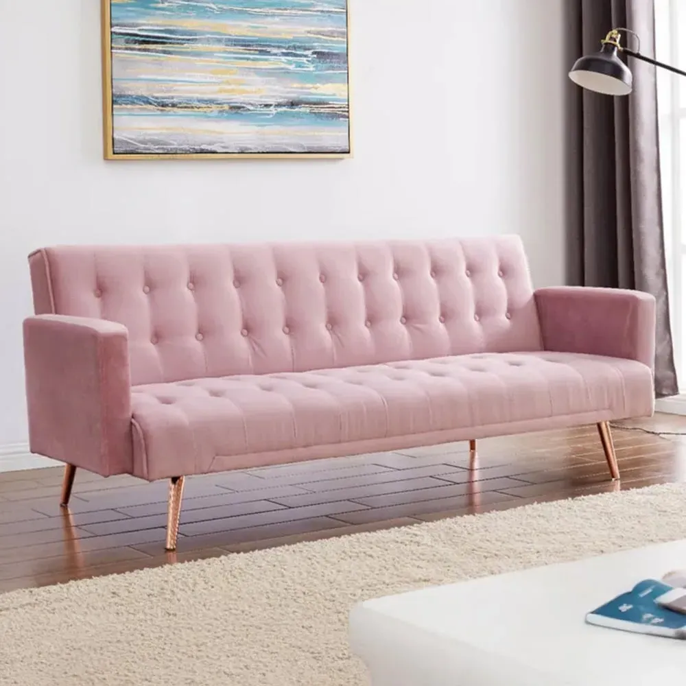 3-Seater Sofa Bed with Tufted Design - Pink, Velvet