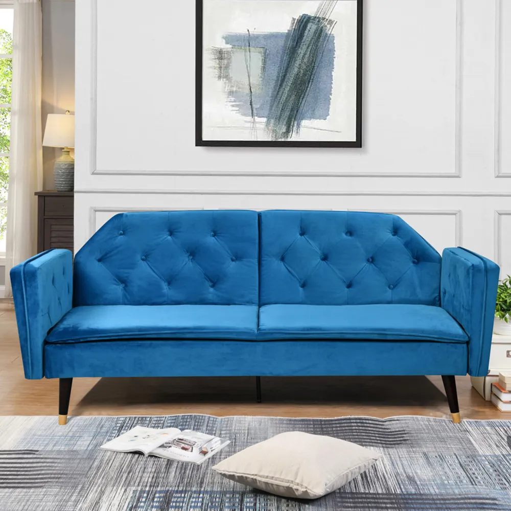 3-Seater Tufted Sofa Bed - Blue, Velvet image