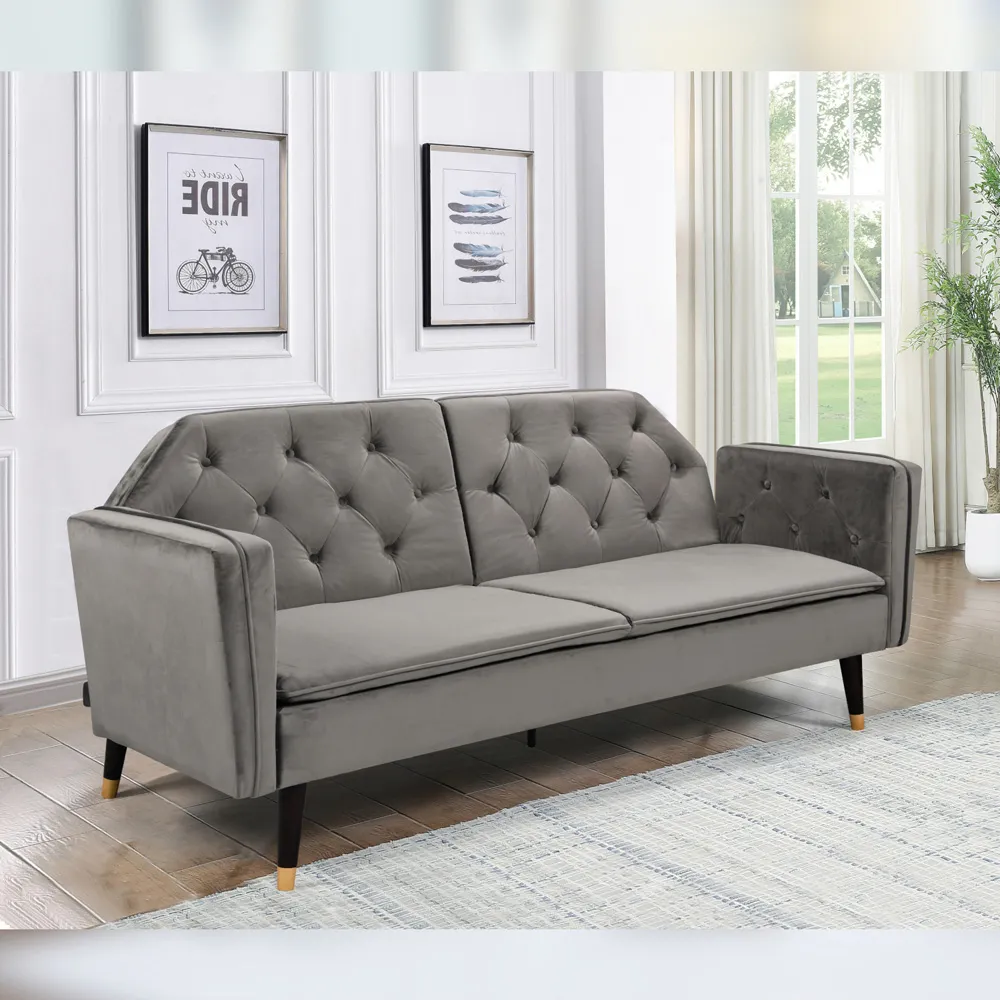 3-Seater Tufted Sofa Bed - Grey, Velvet
